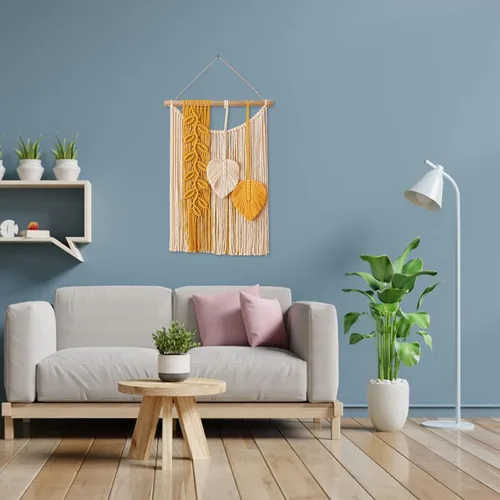 Vista 8 de Juaugusep Tapiz de macramé para colgar en la pared, tapiz tejido bohemio chic para decoración del hogar, moderno, hecho a mano, con plumas de hojas