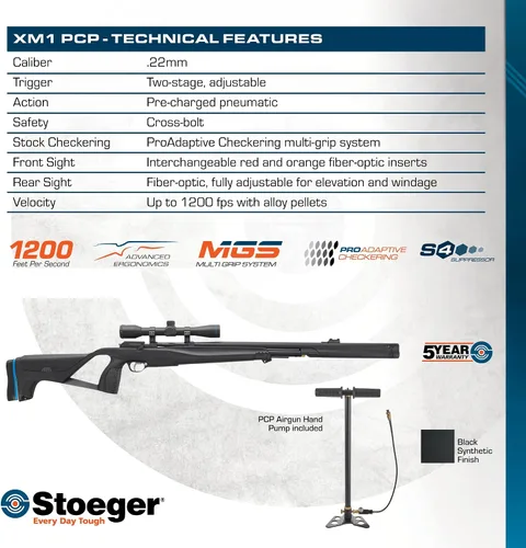 Vista 6 de Stoeger XM1 PCP Airgun, alcance y bomba manual Combo - Calibre .22 - Sintético negro con mira de fibra óptica y alcance 4 x 32