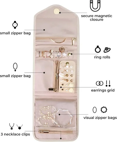 Vista 3 de BAGSMART - Organizador plegable de joyas para viaje, joyero de viaje de diseño floral y borla para llevar anillos, collares, aretes y pulseras