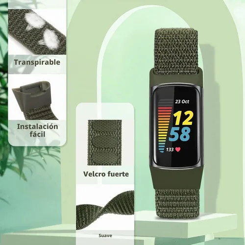 Vista 2 de Correas de reloj de nailon compatibles con Fitbit Charge 6/Charge 5, paquete de 5 correas de repuesto ajustables suaves y transpirables para Charge