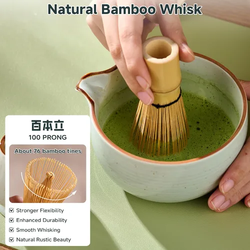 Vista 4 de Juego de batidor de matcha, kit completo de matcha con cuenco, batidor y soporte de bambú, cuchara, tamiz, taza de vidrio con tapa y pajita, bandeja