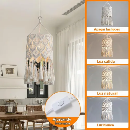 Vista 3 de Bioaqua Pantalla de Lámpara Colgante Boho, Luz Colgante de Macramé, Luminaria Boho Hecha a Mano con Cable de Enchufe para Hogar, Sala de Estar