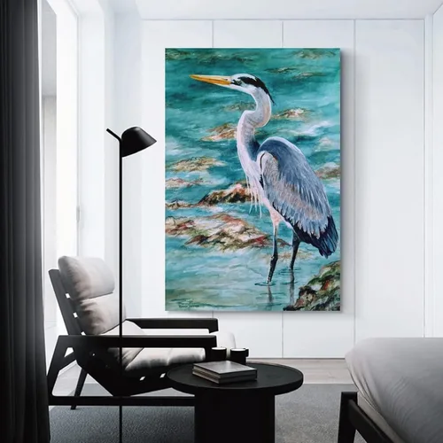 Vista 3 de Lienzo de arte de aves marinas, pintura al óleo, pintura al óleo, arte de pared de garza azul, decoración de habitación, estética, animal, pósteres