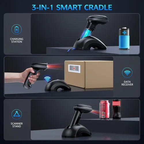 Vista 3 de TEEMI TMSL-55CR Bluetooth 1D/2D escáner de código de barras con base USB Intercambio de batería sin herramientas, BT 5.0, rango de 328 pies, iOS
