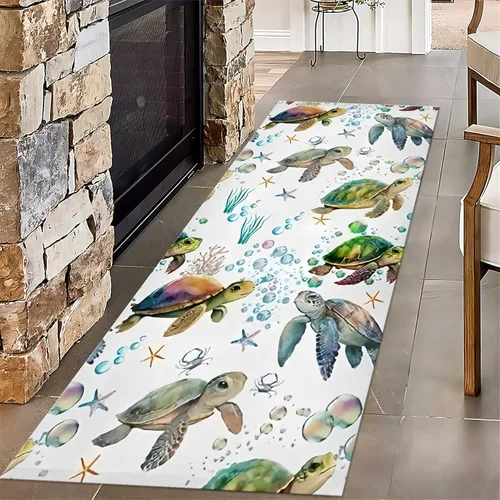 Vista 14 de Alfombra de pasillo larga con diseño de tortuga de acuarela, 2 x 6 pies, alfombra de camino de tortuga azul agua de mar para pasillos, alfombra