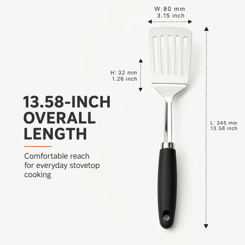 Vista 2 de Espátula ranurada de acero inoxidable, espátula de metal para sartenes de hierro fundido y acero inoxidable, espátula de cocina de borde fino