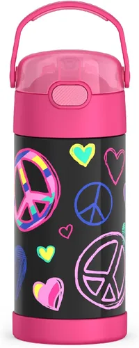 Vista 22 de THERMOS FUNTAINER - Botella de agua con pajilla, 12 onzas, botella de agua de acero inoxidable aislada al vacío para niños con tapa, color negro