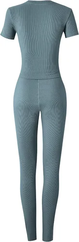 Vista 8 de LICOBOD Ropa de descanso acanalada casual 2 piezas conjunto de pantalones cortos para mujer sólido ajustado manga corta cuello redondo top +