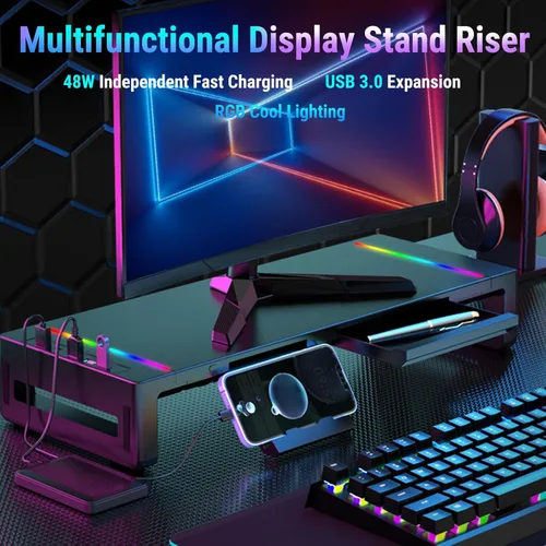 Vista 2 de Yunseity Soporte para monitor con 4 puertos USB, elevador de monitor de altura ajustable con cargador de teléfono, puertos USB Hub y almacenamiento