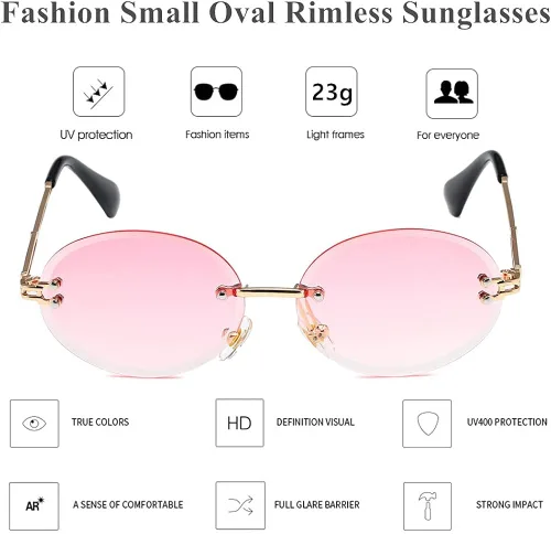 Vista 2 de LASPOR Gafas de sol ovaladas retro para mujeres y hombres, a la moda, vintage, de metal dorado, sin marco, lentes tintados, protección UV400