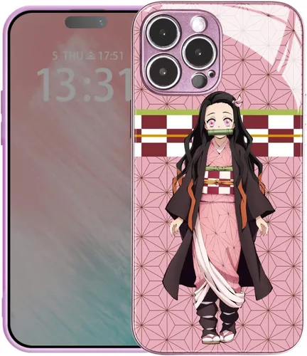 Vista 2 de Nezuko Kamado Anime Rosa Funda de Teléfono - Concha Protectora de Vidrio Templado con Patrón de Personajes de Manga para iPhone 11 Pro
