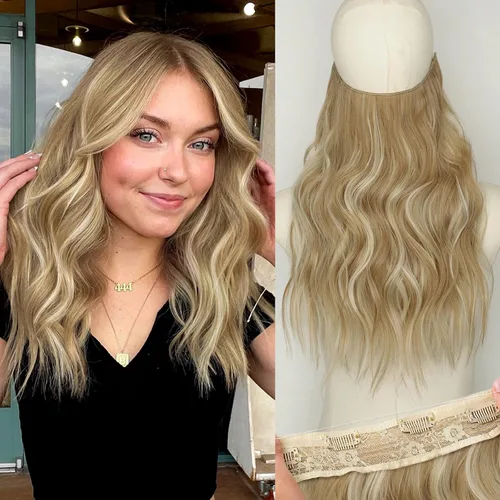 Vista 82 de KooKaStyle - Extensiones de cabello con hilo invisible, diadema transparente, ajustables, 4 clips fijadores, cabello largo y ondulado de 12