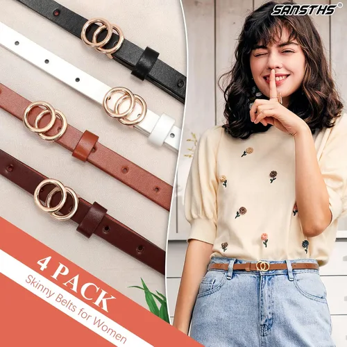 Vista 7 de SANSTHS Cinturones ajustados para mujer, juego de 4 cinturones finos de piel sintética con doble hebilla dorada para pantalones de mezclilla