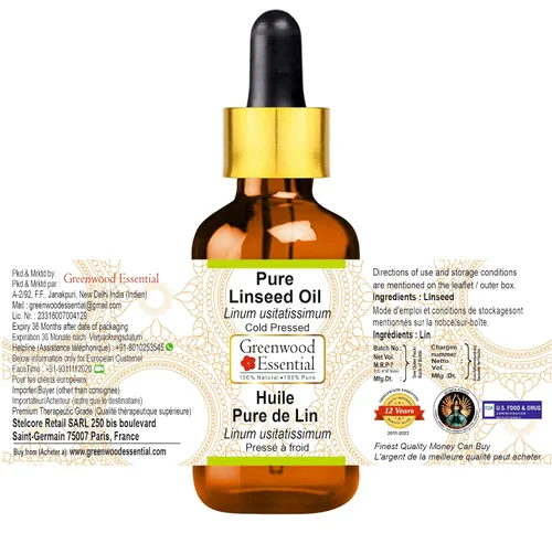 Vista 2 de Greenwood Essential Aceite de linaza (Linum usitatissimum) con cuentagotas de vidrio prensado en frío Natural Sin diluir Para diluir aceites