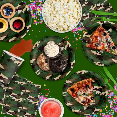 Vista 6 de Set de suministros clásicos para fiesta de cumpleaños con diseño de camuflaje, platos, servilletas, vasos, vajilla, kit de 16