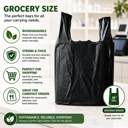 Vista 2 de Bolsa de plástico biodegradable negra para camisetas (600 unidades) Bolsas multiusos compatibles con Arm & Hammer, bolsas multiusos para latas