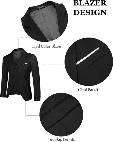 Vista 3 de COOFANDY Trajes de 3 piezas para hombre, chaqueta de un botón, chaleco ajustado, pantalón de traje con corbata