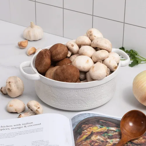 Vista 4 de FUN ELEMENTS - Cazuela, 2 cuartos de galón, plato con relieve de encaje con tapa, de cerámica para ir del horno a la mesa, asas redondas para servir