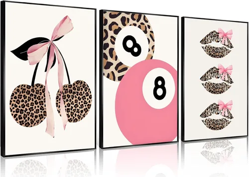 Vista 9 de Conjunto de 3 modernos pósteres de pared de leopardo en lona con bola de la suerte número 8, arte de pared elegante, decoraciones de pared