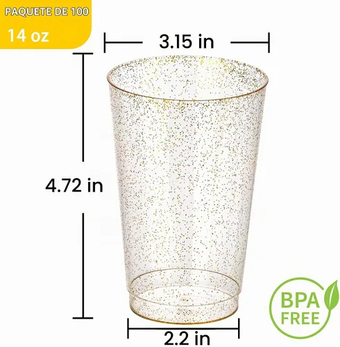 Vista 3 de I00000 - Paquete de 100 vasos de plástico dorados de 14 onzas, vasos desechables de plástico con purpurina dorada, copas de vino desechables, copas