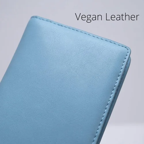 Vista 6 de Alldaily Billetera de cuero ultrafina para mujer, con bloqueo RFID, tarjetero de crédito, plegable, larga, Azul claro