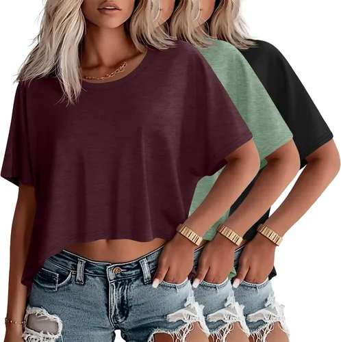 Vista 24 de Huukeay Paquete de 3 camisetas recortadas de gran tamaño para mujer, manga corta, holgadas, cuello redondo, holgadas, para entrenamiento