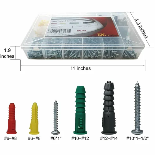 Vista 3 de T.K.Excellent Kit de anclajes y tornillos de plástico para paneles de yeso, juego de tornillos surtidos de anclajes acanalados, kit de anclaje