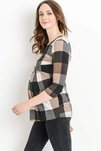 Vista 3 de LaClef - Blusa de maternidad para mujer, cuello redondo, manga 3/4, plisada al frente, estilo peplum