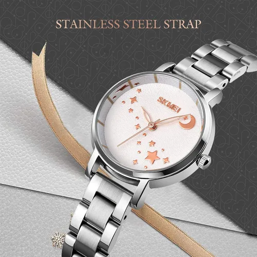 Vista 2 de SKMEI Reloj de mujer rectángulo oro rosa plata acero inoxidable impermeable cuarzo analógico Classic Blanco
