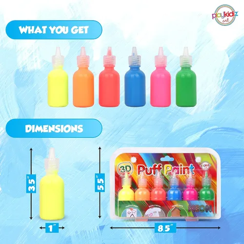 Vista 3 de Pintura de soplo, paquete de 6 pinturas para tela 3D, colores neón, permanente, no tóxica y lavable, juego de pintura para niños a partir de 3 años