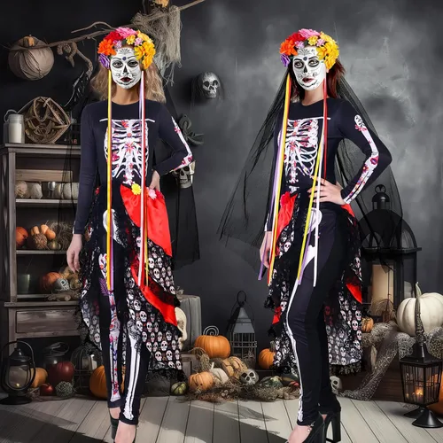 Vista 2 de 4 piezas de disfraz de Halloween Día de los Muertos para mujer, body de esqueleto con lazo en la diadema bulliciosa tatuajes faciales temporales