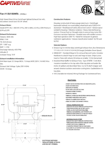 Vista 3 de CAPTIVE-AIRE Ventilador de escape con clasificación de grasa para restaurante - Ventilador de escape centrífugo de accionamiento directo - Base