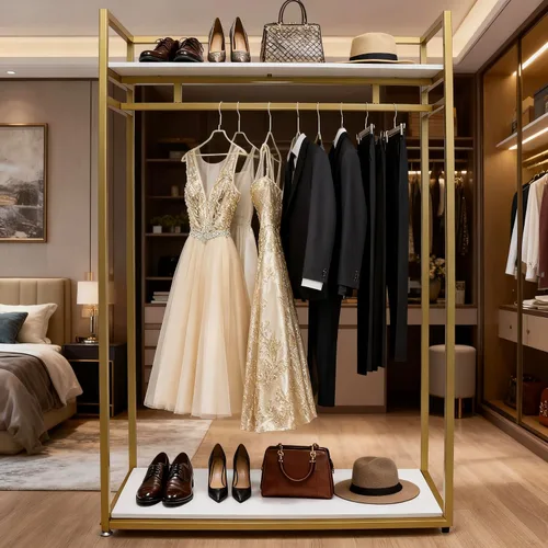 Vista 7 de Estante de ropa de 71 pulgadas con estantes, estante para vestidos de boda, estante de exhibición de ropa al por menor, resistente comercial