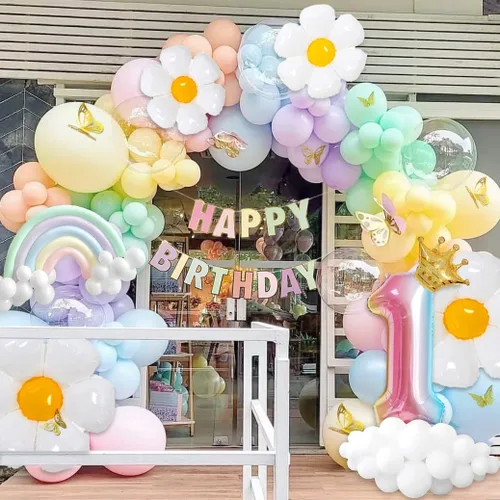 Vista 3 de Decoraciones de primer cumpleaños para niña, 219 margaritas para primer cumpleaños, kit de arco de globos pastel, pancarta de feliz cumpleaños