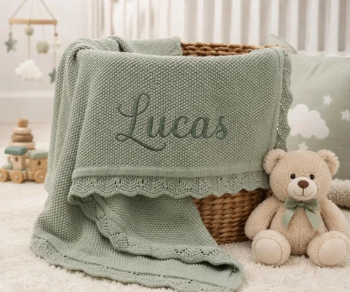 Vista 17 de Manta de punto personalizada y bordada de lujo con nombre de bebé, manta de algodón personalizada y monogramada para la guardería, regalos para bebé