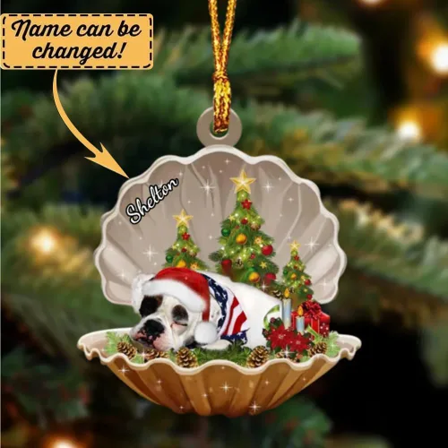 Vista 2 de Adorno personalizado de perro Bulldog americano, adorno para perro con nombre personalizado, plano impreso en 2D, acrílico para colgar, Papá Noel