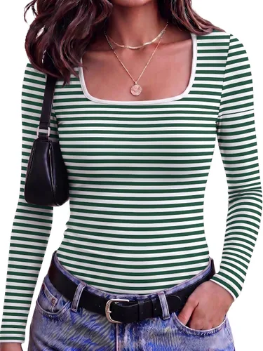Vista 11 de Zeagoo Camisas de manga larga para mujer, cuello cuadrado, ajuste delgado Marrón