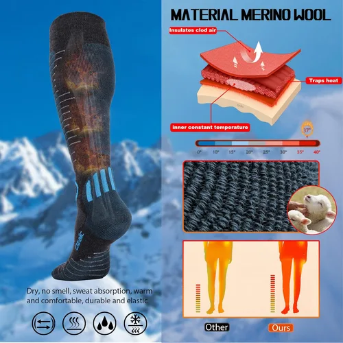 Vista 5 de Calcetines de esquí de lana merino para hombre y mujer, 2 pares para esquí, snowboard, térmicos hasta la rodilla, calcetines de rendimiento
