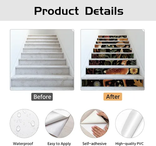 Vista 9 de PLIGREAT 15 tiras de calcomanías de animales del bosque negro para escaleras, adhesivas y autoadhesivas, para peldaños de escaleras, decorativas