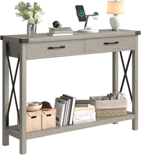 Vista 8 de Alkmaar Mesa de entrada de granja, mesa consola negra con cajones, mesa de sofá de madera con almacenamiento, mesa de pasillo para entrada, sala