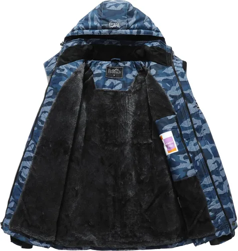 Vista 3 de Pooluly - Chaqueta impermeable de invierno, esquí, snowboard, para hombre, con capucha, rompevientos. Azul marino (Navy Print)