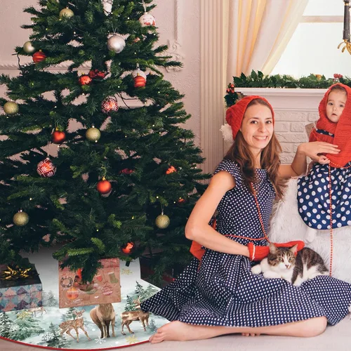 Vista 6 de Falda de árbol de Navidad de 48 pulgadas, falda de árbol de Navidad de poliéster con patrón de copo de nieve, ciervo, muñeco de nieve, decoraciones