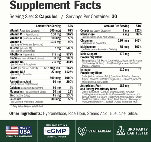 Vista 2 de Suplemento multivitamínico multimineral diario para hombres - Vitaminas A, C, E, D, B1, B2, B3, B5, B6, B12. Magnesio, biotina, espirulina, zinc.