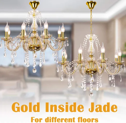 Vista 4 de Candelabro de cristal de lujo de color dorado, 8 luces K9, moderno candelabro de cristal para comedor, lámpara colgante de techo de vidrio para sala