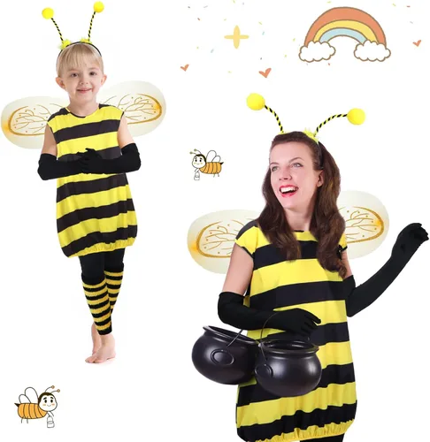 Vista 5 de Laumoi 8 Pcs Bee Costume Set Kids Bee Fancy Dress Wing Leg Warmers Pants Gloves Bee Outfit for Children Halloween Cosplay