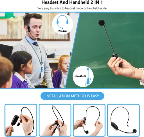Vista 5 de Bietrun Micrófono de Diadema Inalámbrico, Sistema de Micrófono Inalámbrico UHF, alcance de 160 pies, enchufe de 1/8 pulgadas y 1/4 pulgadas
