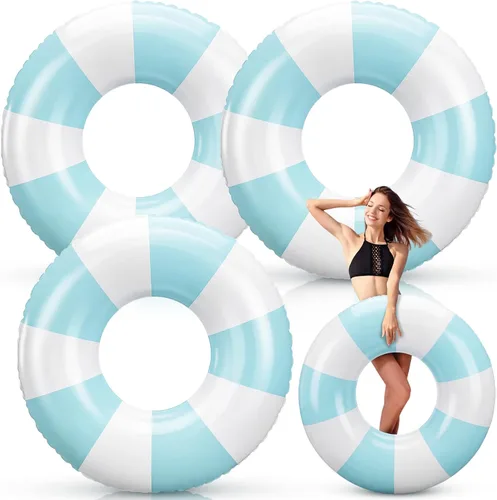 Vista 15 de Foilswirl Flotadores inflables jumbo de 47.24 pulgadas para piscina, anillos de piscina a rayas azules y blancas, tubo inflable para mujeres