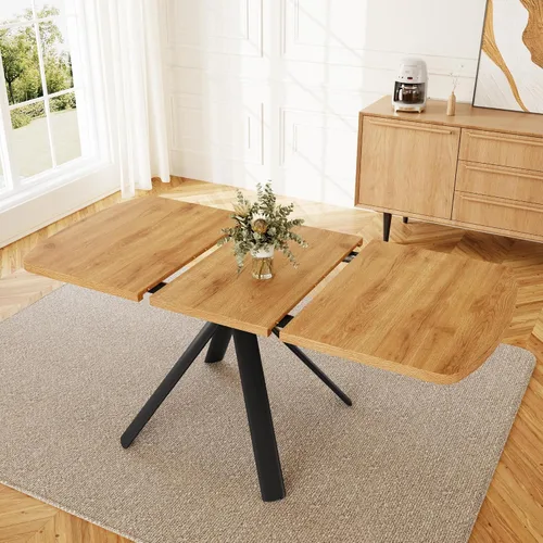 Vista 6 de HIPIHOM Mesa de comedor extensible para 4-6 personas, mesa rectangular de madera MDF de 47.2 a 63 pulgadas, estilo rústico de granja, diseño que