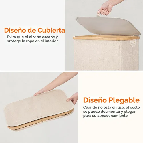 Vista 7 de Lifewit Cesta de lavandería de 80 litros con tapa, cestas de ropa para lavandería con asas de bambú y una bolsa de lavandería extraíble, cesta