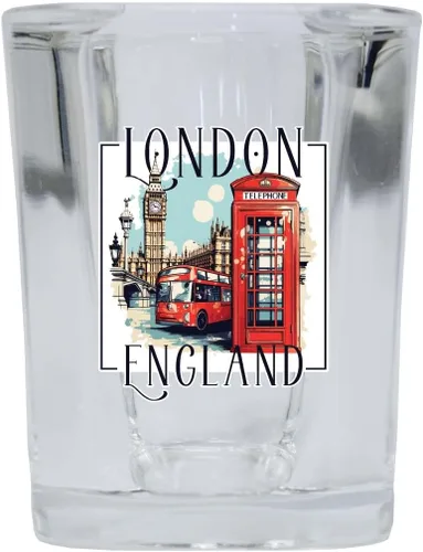Vista 4 de London England Design C Souvenir - Vaso de chupito cuadrado de 2.5 onzas, base azul, paquete de 2